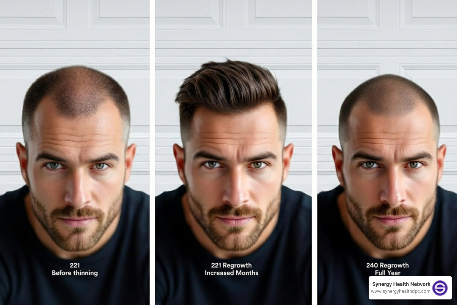 Timeline graphic showing hair growth progress at 3, 6, and 12 months - Finasteride online prescription