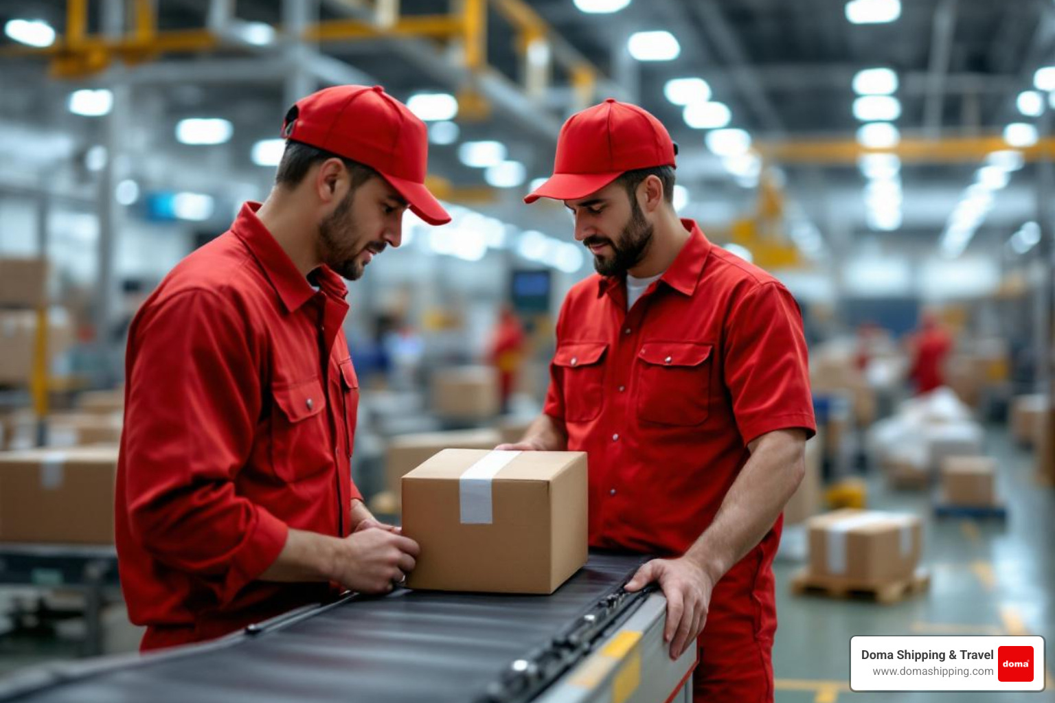 Doma Shipping worker in a red uniform overseeing a package being scanned at a customs facility for international transit - how long time send a package from usa to europe Doma Shipping worker in a red uniform overseeing a package being scanned at a customs facility for international transit - how long time send a package from usa to europe