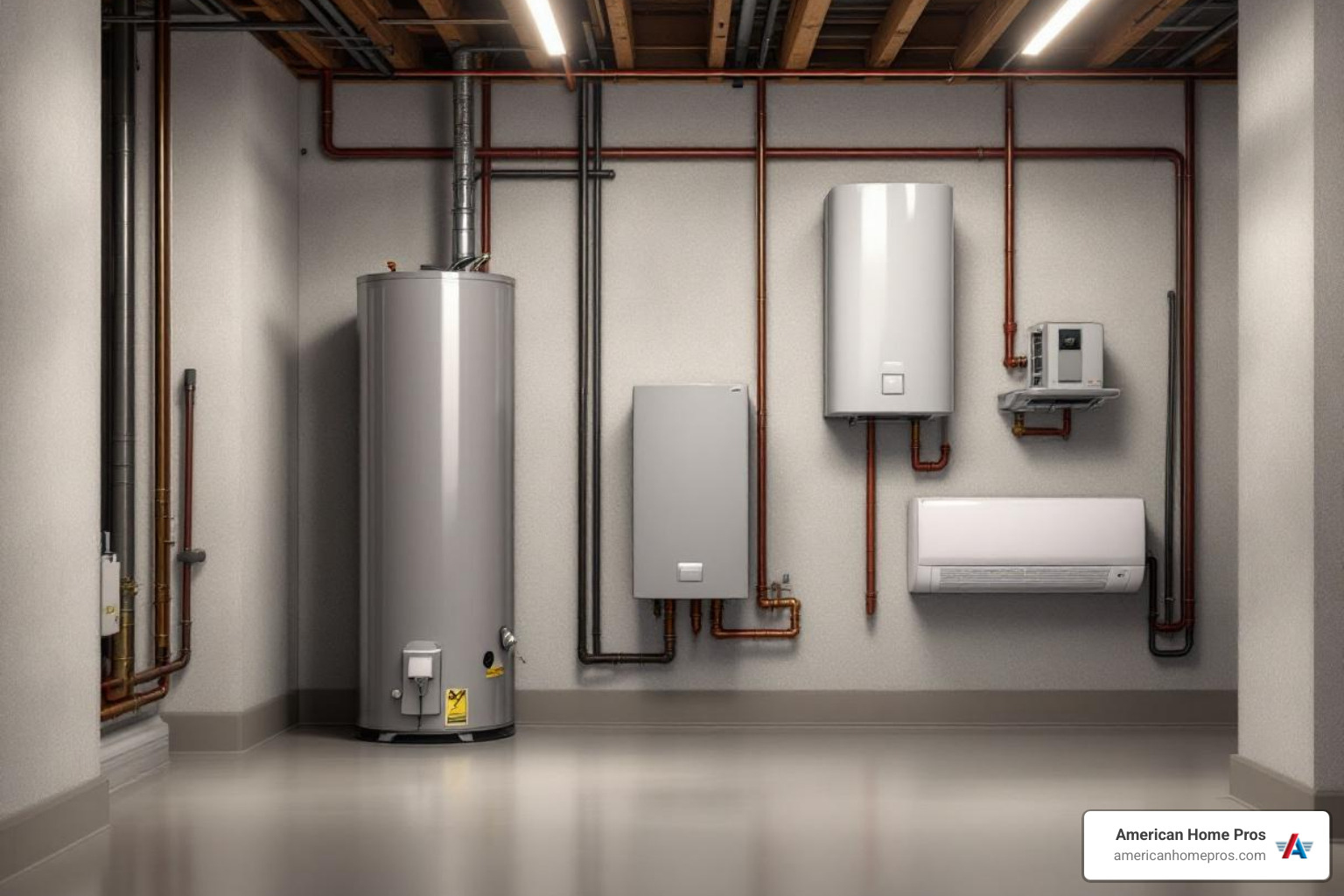 infographic showing water heater types comparison including traditional tank water heaters with 10-15 year lifespan and lower upfront cost, tankless water heaters with 20+ year lifespan and 24% energy savings, and hybrid heat pump models with highest efficiency ratings, plus maintenance schedule showing annual flushing and anode rod inspection, and replacement timeline at 10-15 years for tank models - water heaters in collinsville, ok