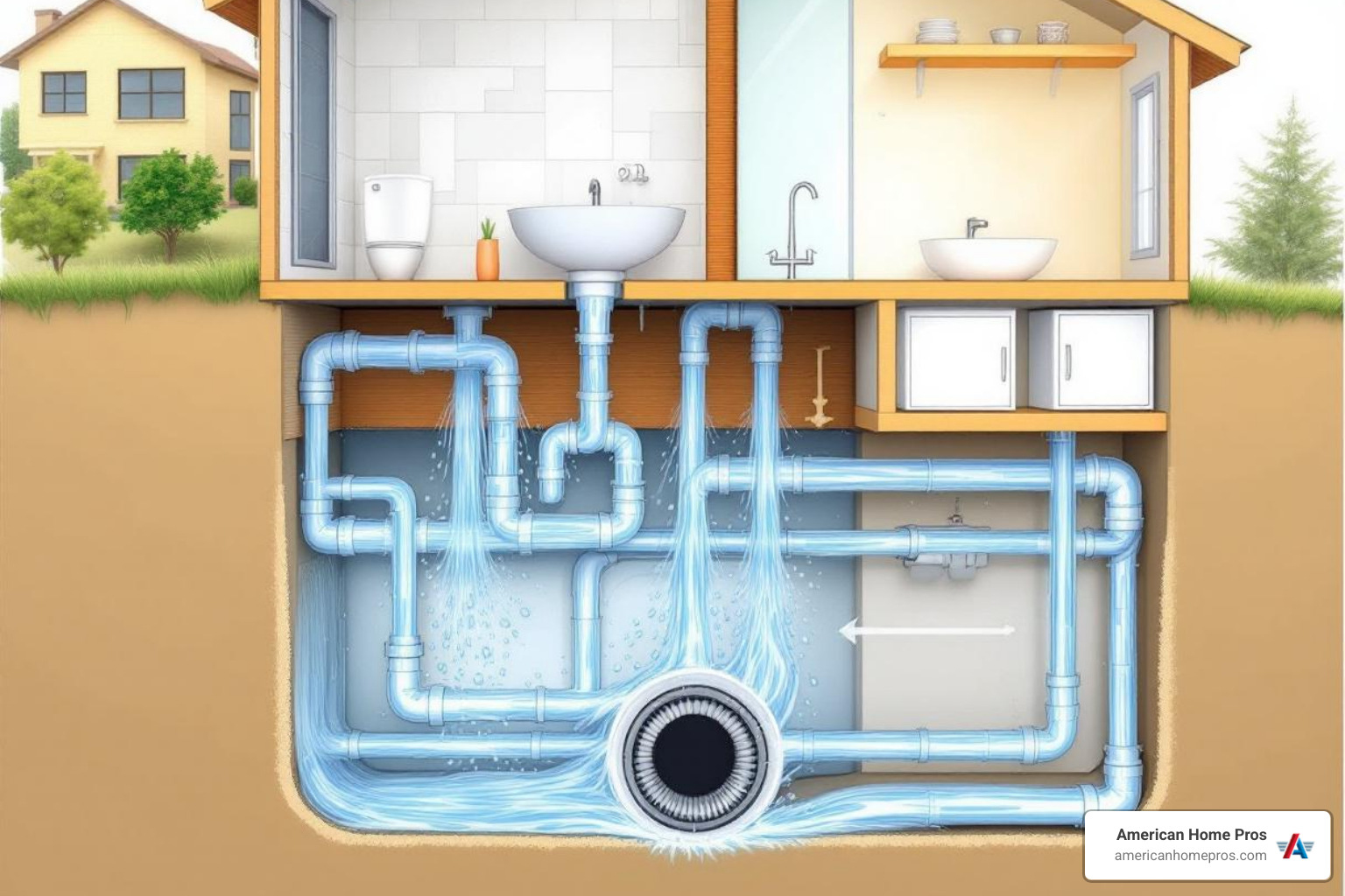 infographic showing the journey of water from a household drain through pipes including common clog points like P-traps and horizontal runs before reaching the main sewer line with labels for kitchen sink bathroom sink shower drain and sewer main - drain cleaning near me in collinsville, ok