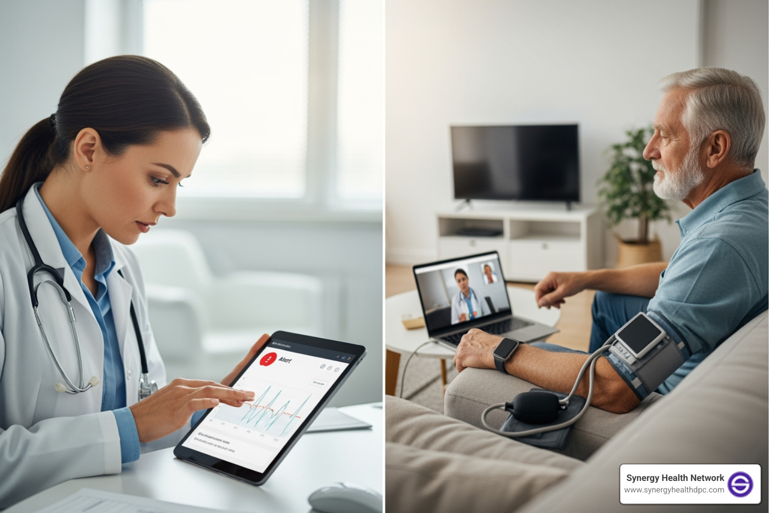 A healthcare provider reviewing patient data on a tablet with various charts and alerts, symbolizing proactive care - Remote patient monitoring