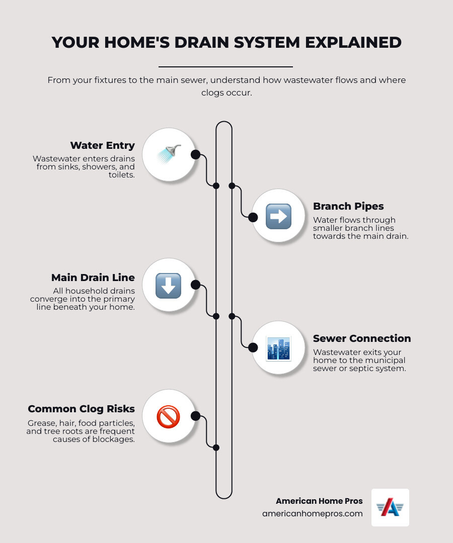 infographic showing cross-section of home plumbing system with main drain line, branch drains leading to kitchen sink, bathroom sinks, shower, toilet, and main sewer connection, labeled with common clog points including grease buildup in kitchen drains, hair and soap scum in bathroom drains, tree root intrusion in main sewer line, and proper drainage flow arrows - drain cleaning in collinsville, ok infographic infographic-line-5-steps-elegant_beige