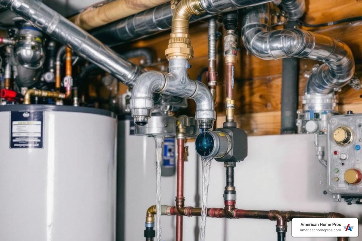 infographic showing the anatomy of a tank water heater with labeled parts including cold water inlet, hot water outlet, dip tube, heating element or burner, anode rod, pressure relief valve, drain valve, and insulation layer, along with arrows showing water flow from cold inlet through heating process to hot outlet - water heaters in tulsa, ok