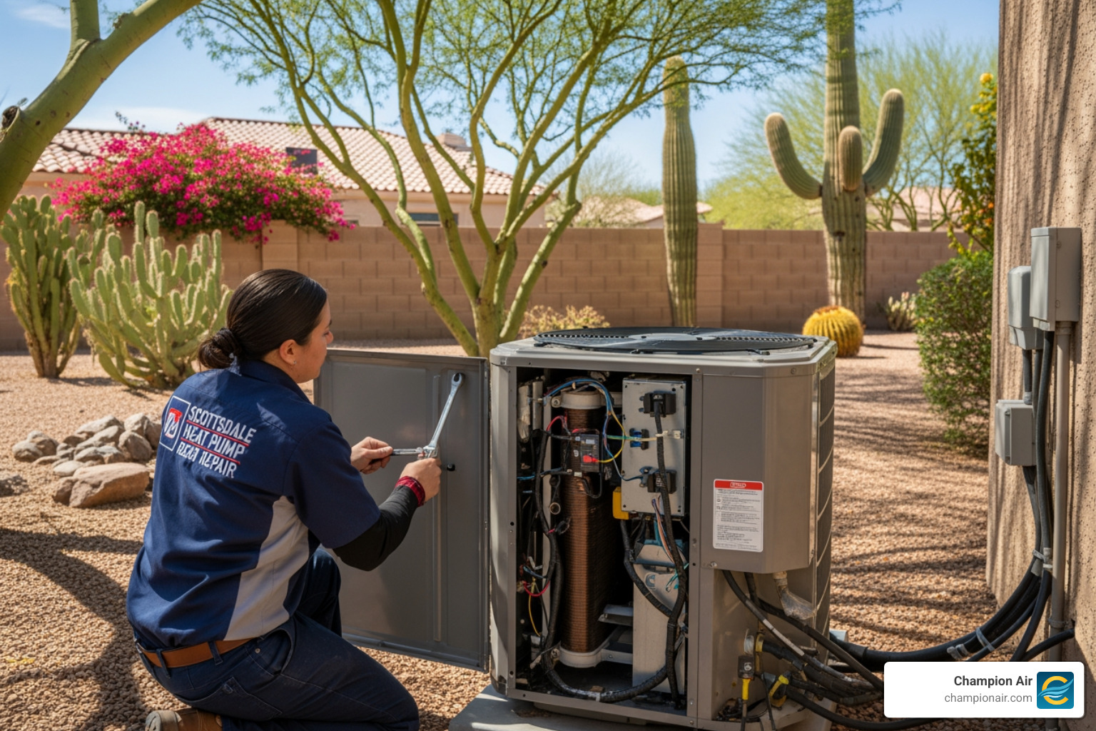 infographic showing how a heat pump transfers heat between indoor and outdoor units to provide both heating in winter and cooling in summer, with arrows indicating refrigerant flow and seasonal operation modes, plus key benefits like energy efficiency and year-round comfort for Scottsdale homes - heat pump repair near me in scottsdale, az infographic showing how a heat pump transfers heat between indoor and outdoor units to provide both heating in winter and cooling in summer, with arrows indicating refrigerant flow and seasonal operation modes, plus key benefits like energy efficiency and year-round comfort for Scottsdale homes - heat pump repair near me in scottsdale, az