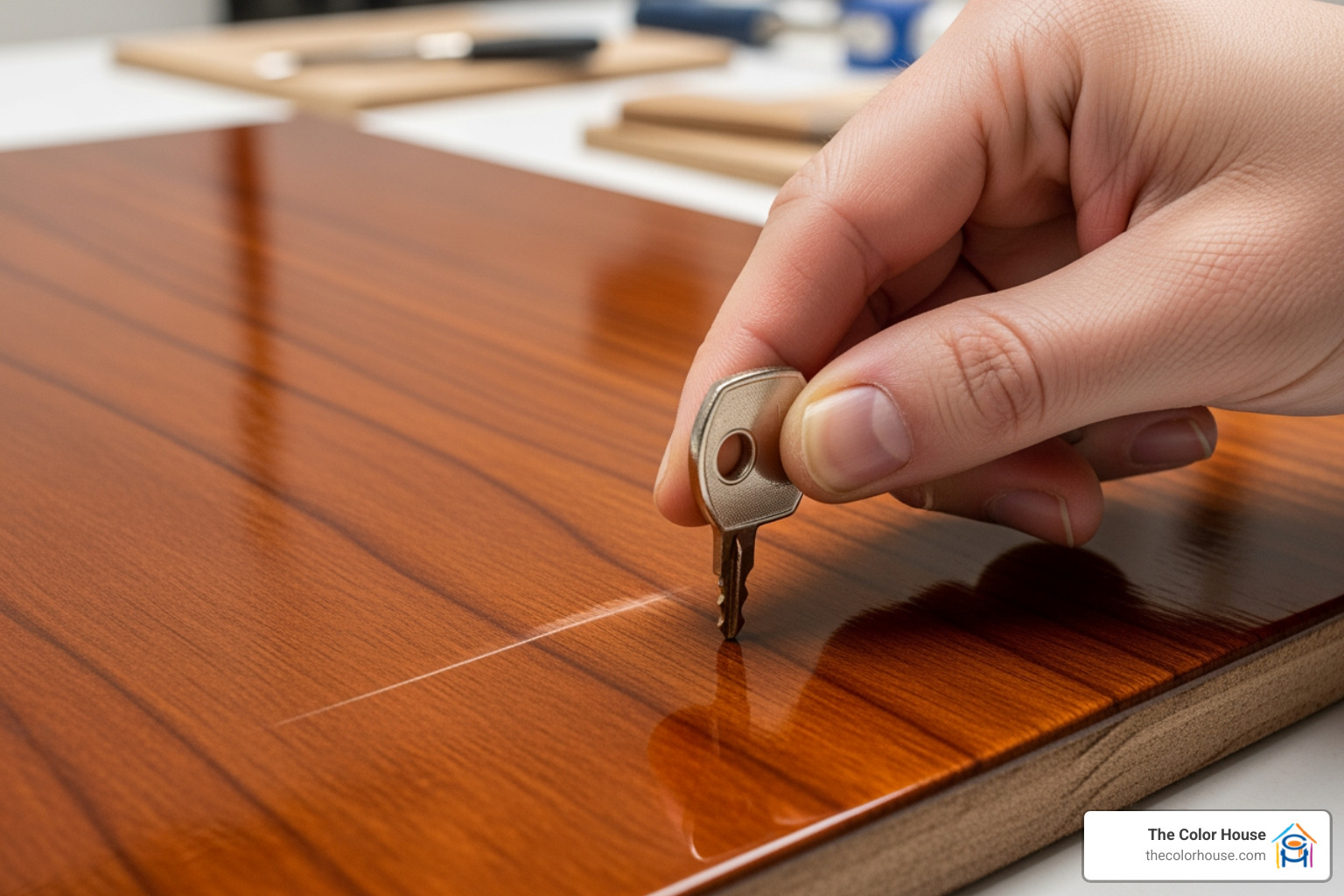 An image demonstrating a scratch-resistance test on a coated wood panel. - commercial furniture coatings