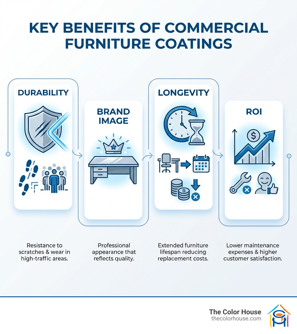 Infographic showing the four key benefits of commercial furniture coatings: Durability (resistance to scratches and wear in high-traffic areas), Brand Image (professional appearance that reflects quality), Longevity (extended furniture lifespan reducing replacement costs), and ROI (lower maintenance expenses and higher customer satisfaction) - commercial furniture coatings infographic 