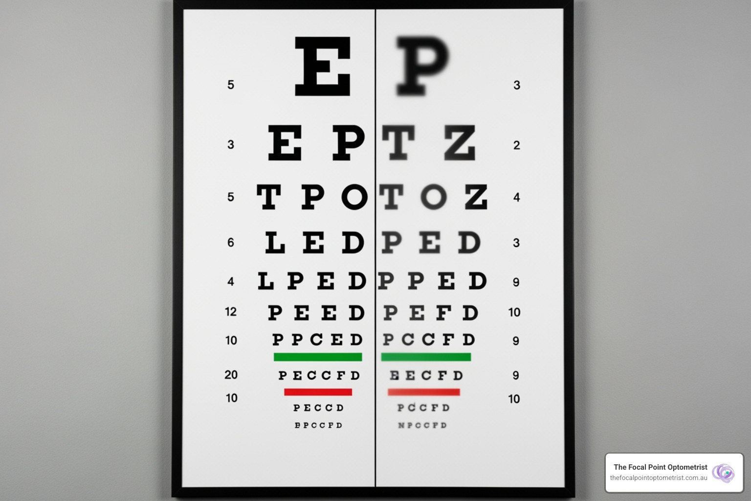 An eye chart showing one eye focusing perfectly while the other is blurry due to myopia. - Anisometropia and strabismus