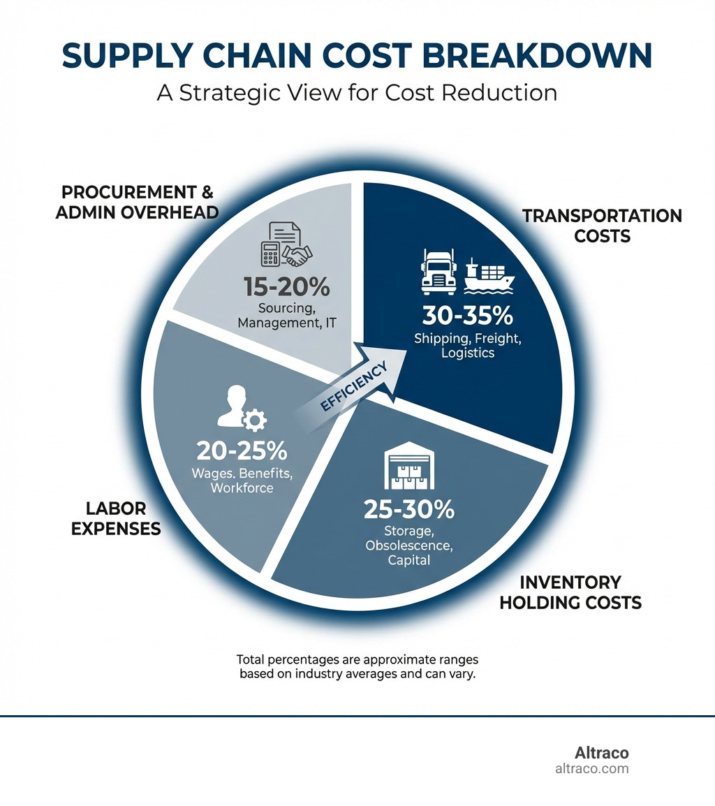 infographic showing supply chain cost breakdown with four main categories: Transportation costs at 30-35%, Inventory holding costs at 25-30%, Labor expenses at 20-25%, and Procurement and administrative overhead at 15-20% - cost reduction in supply chain management infographic infographic showing supply chain cost breakdown with four main categories: Transportation costs at 30-35%, Inventory holding costs at 25-30%, Labor expenses at 20-25%, and Procurement and administrative overhead at 15-20% - cost reduction in supply chain management infographic