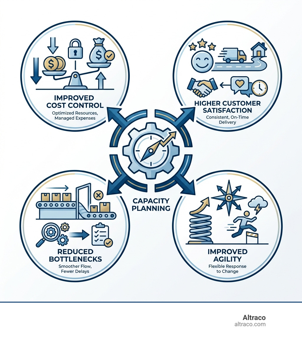 infographic illustrating the core benefits of capacity planning: improved cost control, higher customer satisfaction, reduced bottlenecks, and improved agility - capacity planning in supply chain management infographic 