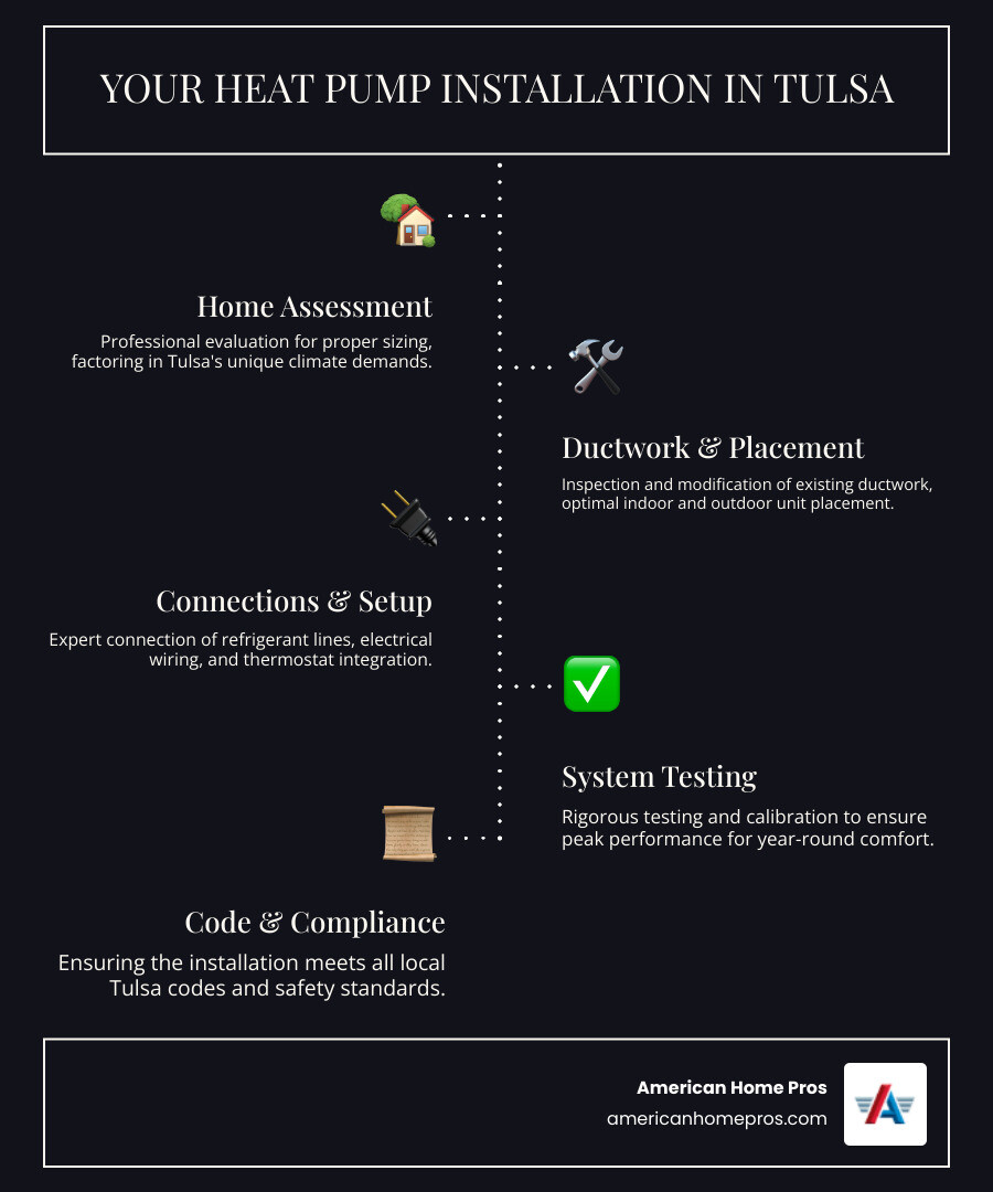Infographic showing the heat pump installation process: home assessment and sizing, ductwork inspection and modifications if needed, outdoor and indoor unit placement, refrigerant line connection, electrical wiring and thermostat setup, system testing and calibration, with typical timeline of 1-2 days and benefits including year-round comfort, energy efficiency, and reduced carbon footprint - heat pump installation in tulsa, ok infographic infographic-line-5-steps-dark
