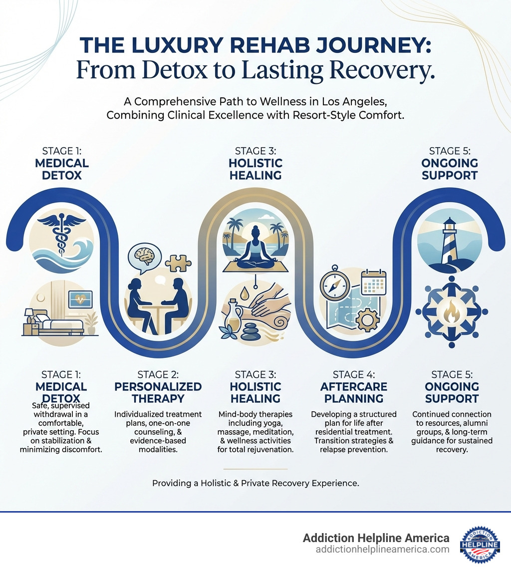 infographic showing the luxury rehab journey from medical detox through personalized therapy sessions to holistic healing activities like yoga and massage, ending with comprehensive aftercare planning and ongoing support - Luxury Drug Rehab Programs Los Angeles infographic infographic showing the luxury rehab journey from medical detox through personalized therapy sessions to holistic healing activities like yoga and massage, ending with comprehensive aftercare planning and ongoing support - Luxury Drug Rehab Programs Los Angeles infographic
