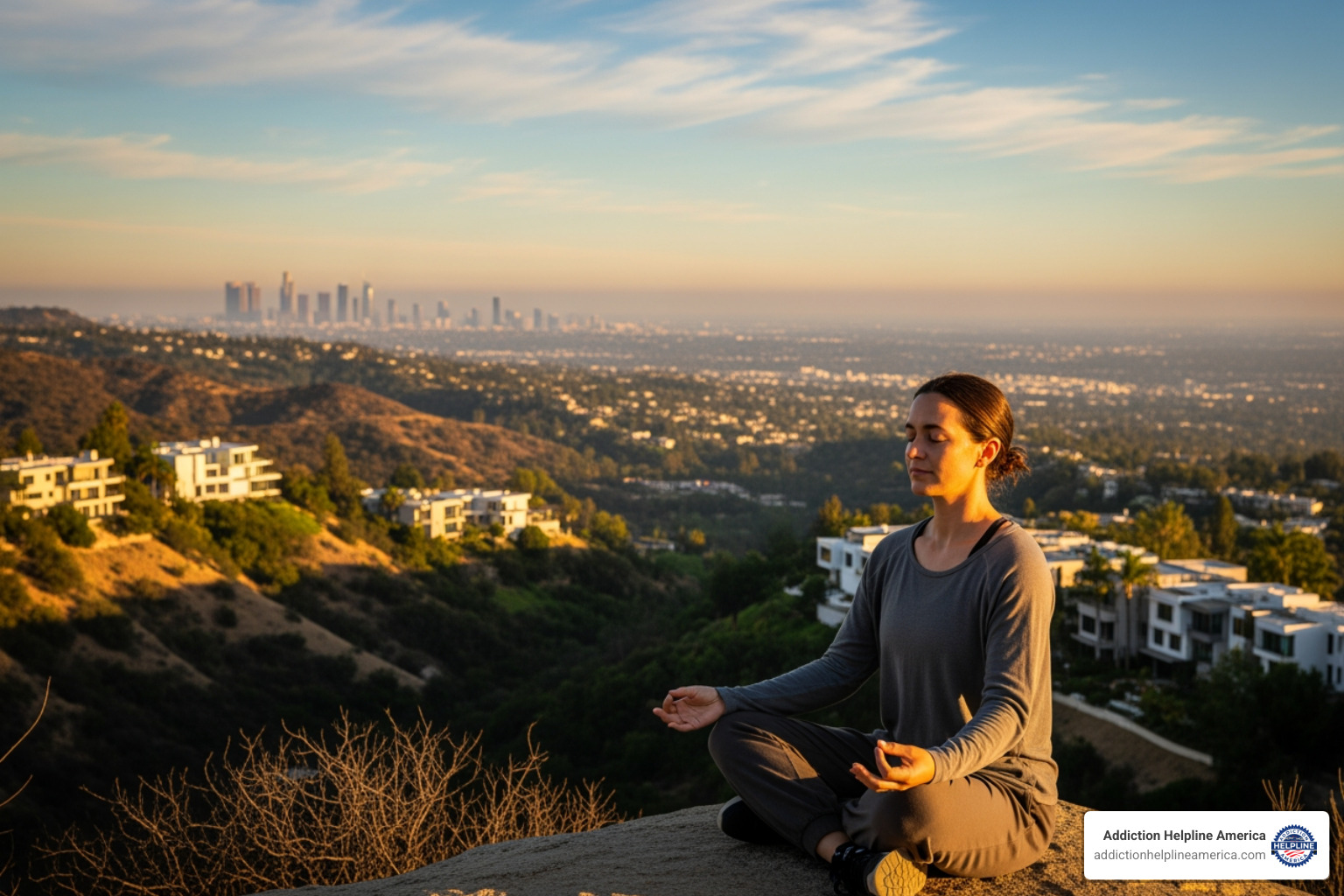 person meditating with Los Angeles hills backdrop - Luxury Drug Rehab Programs Los Angeles person meditating with Los Angeles hills backdrop - Luxury Drug Rehab Programs Los Angeles