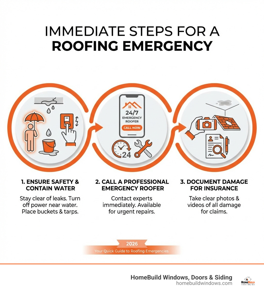 Infographic showing three steps for a roofing emergency: 1. Ensure safety and contain water, 2. Call a professional emergency roofer, 3. Document damage with photos for insurance. - emergency roofers near me infographic Infographic showing three steps for a roofing emergency: 1. Ensure safety and contain water, 2. Call a professional emergency roofer, 3. Document damage with photos for insurance. - emergency roofers near me infographic