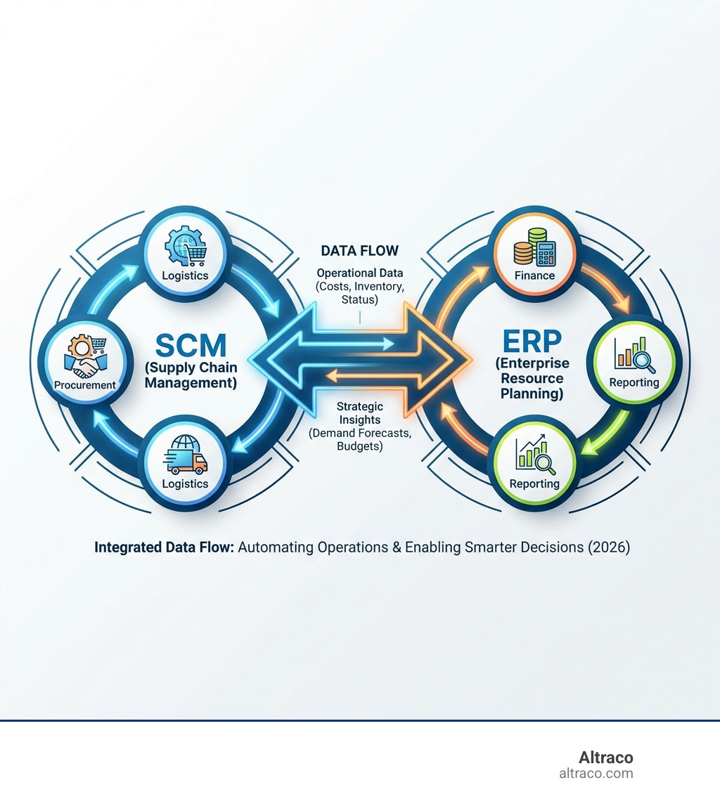 Infographic explaining the flow of data from SCM activities (procurement, logistics) into a central ERP system (finance, reporting) and back - enterprise resource planning and supply chain management infographic 