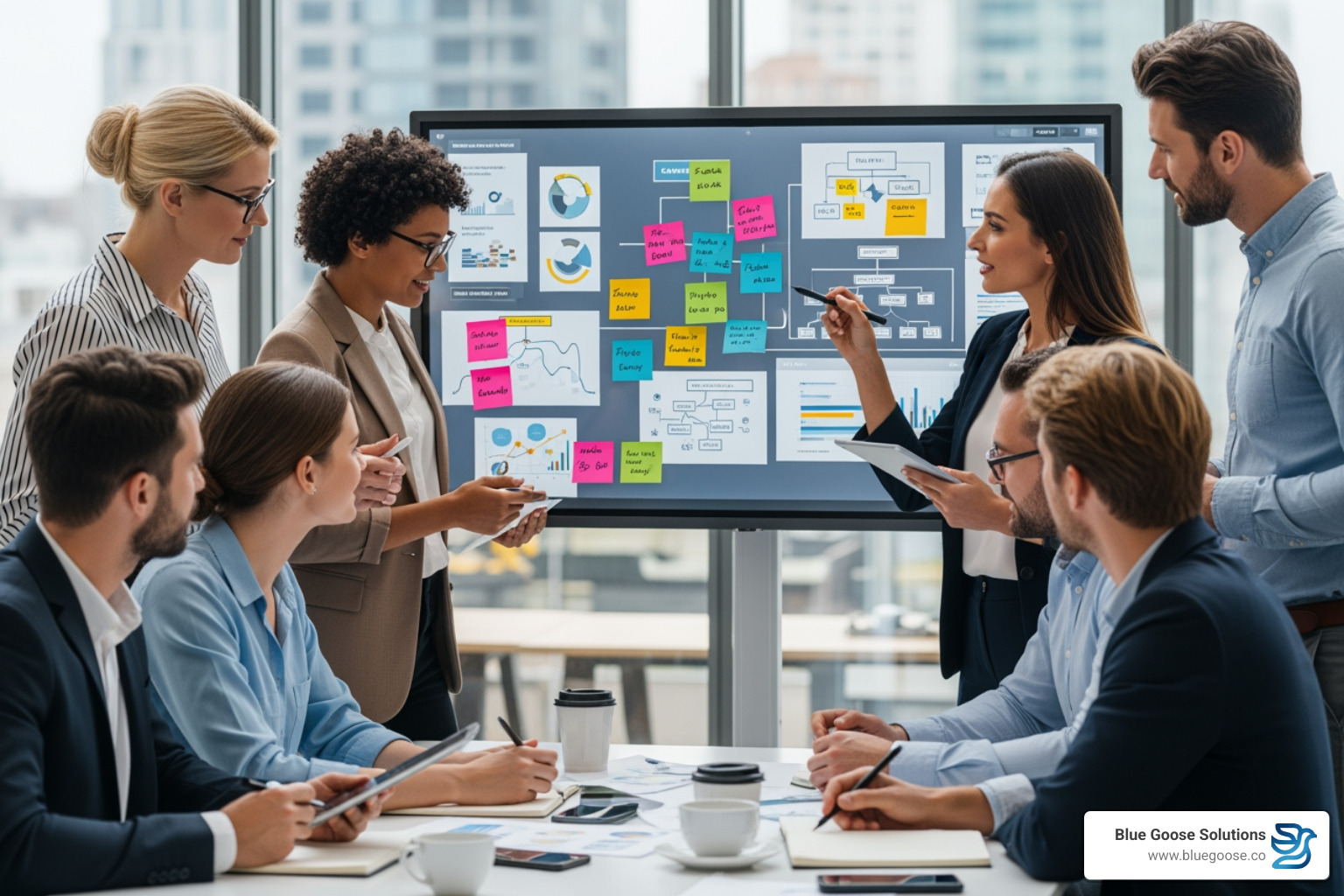 diverse team collaborating around a project board - engagement assessment matrix diverse team collaborating around a project board - engagement assessment matrix