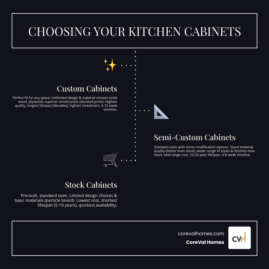 Infographic comparing custom vs semi-custom vs stock cabinets showing construction quality, customization options, materials used, typical timelines, price ranges, and longevity for each cabinet type - custom kitchen cabinets Vancouver infographic infographic-line-3-steps-dark