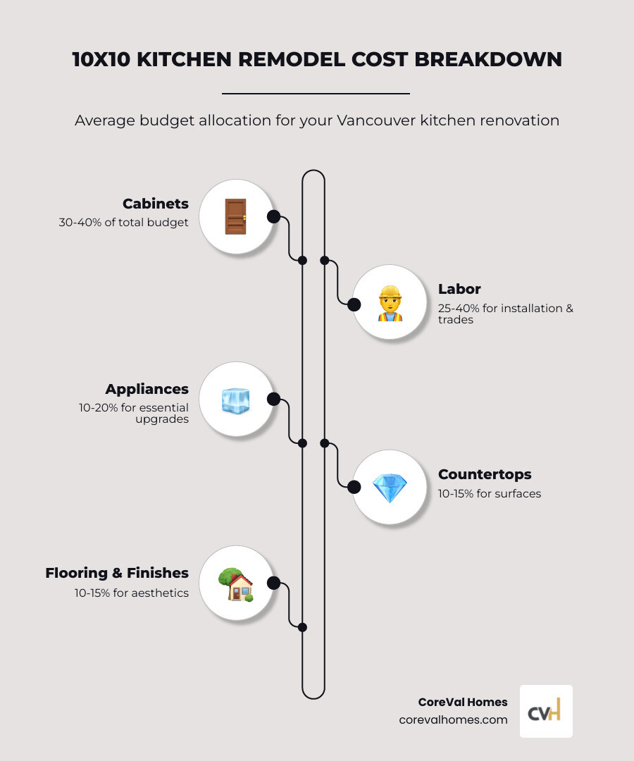 Cost breakdown infographic showing percentages: Cabinets 30-40%, Labor 25-40%, Countertops 10-15%, Appliances 10-20%, Flooring and other finishes 10-15%, with a 10-20% contingency buffer for unexpected costs in a 10x10 kitchen remodel - how much should a 10x10 kitchen remodel cost infographic infographic-line-5-steps-elegant_beige