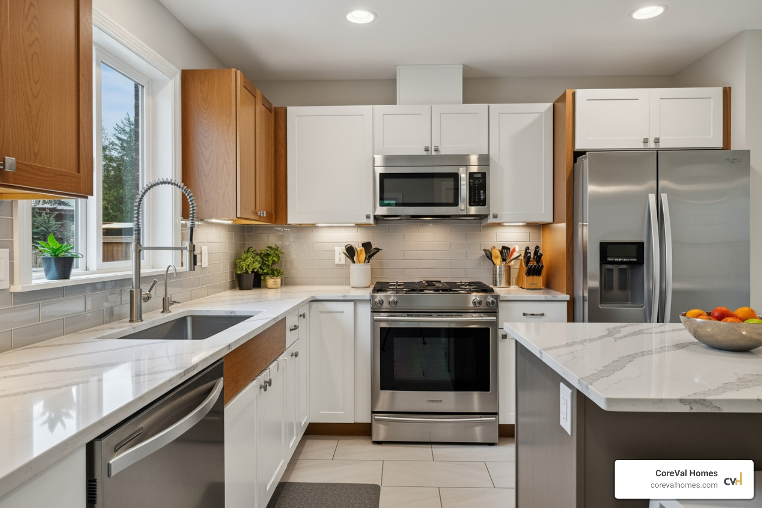 mid-range kitchen with quartz countertops and stainless steel appliances - how much should a 10x10 kitchen remodel cost