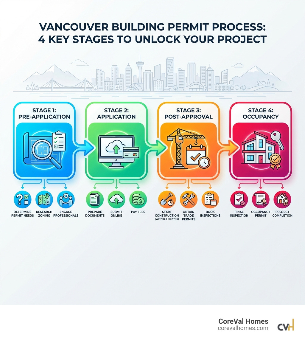 Infographic showing the 4 key stages of Vancouver building permit process: Stage 1 Pre-Application (determine permit needs, research zoning, engage professionals), Stage 2 Application (prepare documents, submit online, pay fees), Stage 3 Post-Approval (start construction within 6 months, obtain trade permits, book inspections), and Stage 4 Occupancy (final inspection, occupancy permit, project completion) - Vancouver building permit infographic 