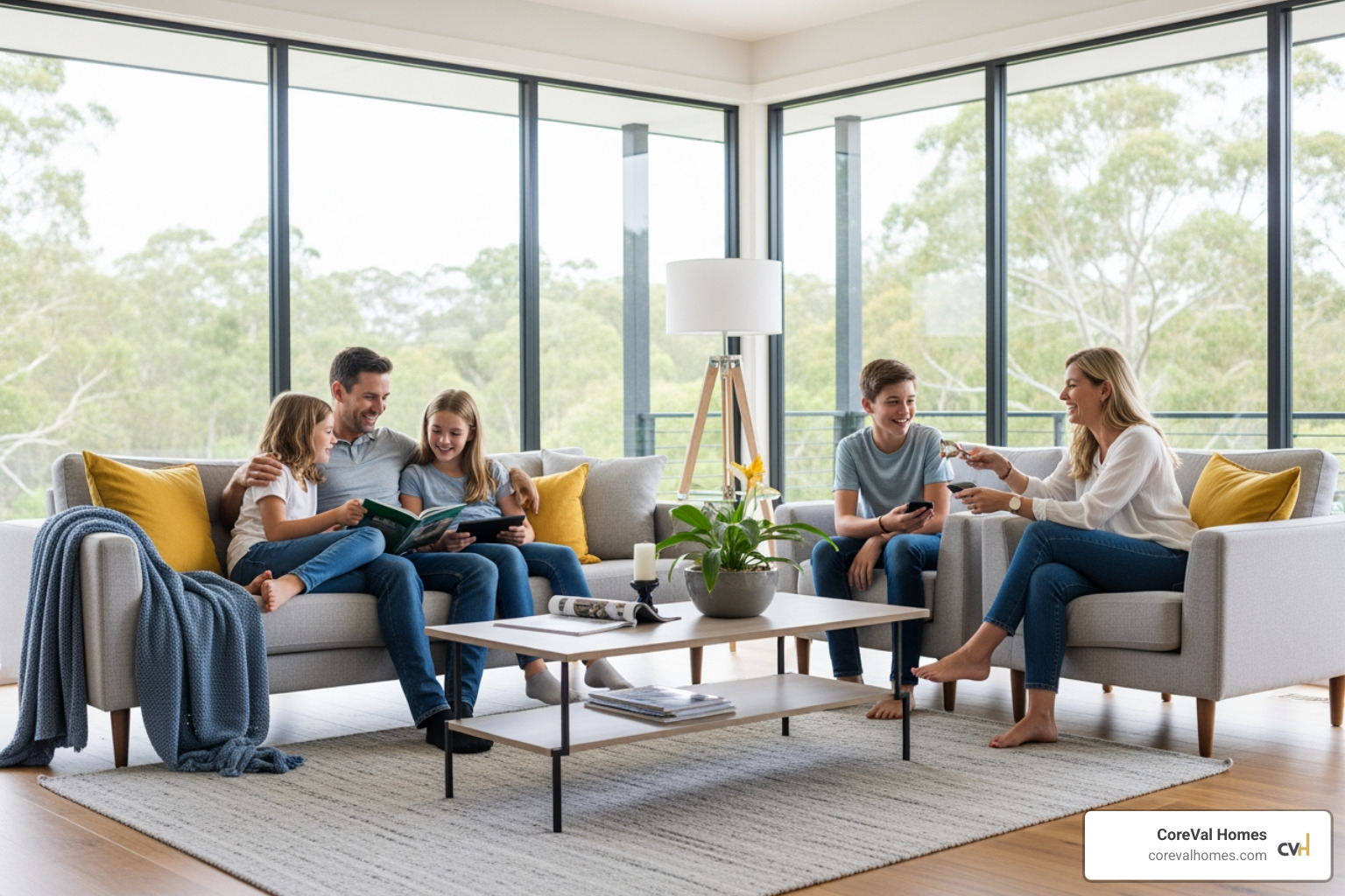 Family enjoying a new, spacious second-floor living area - two storey additions
