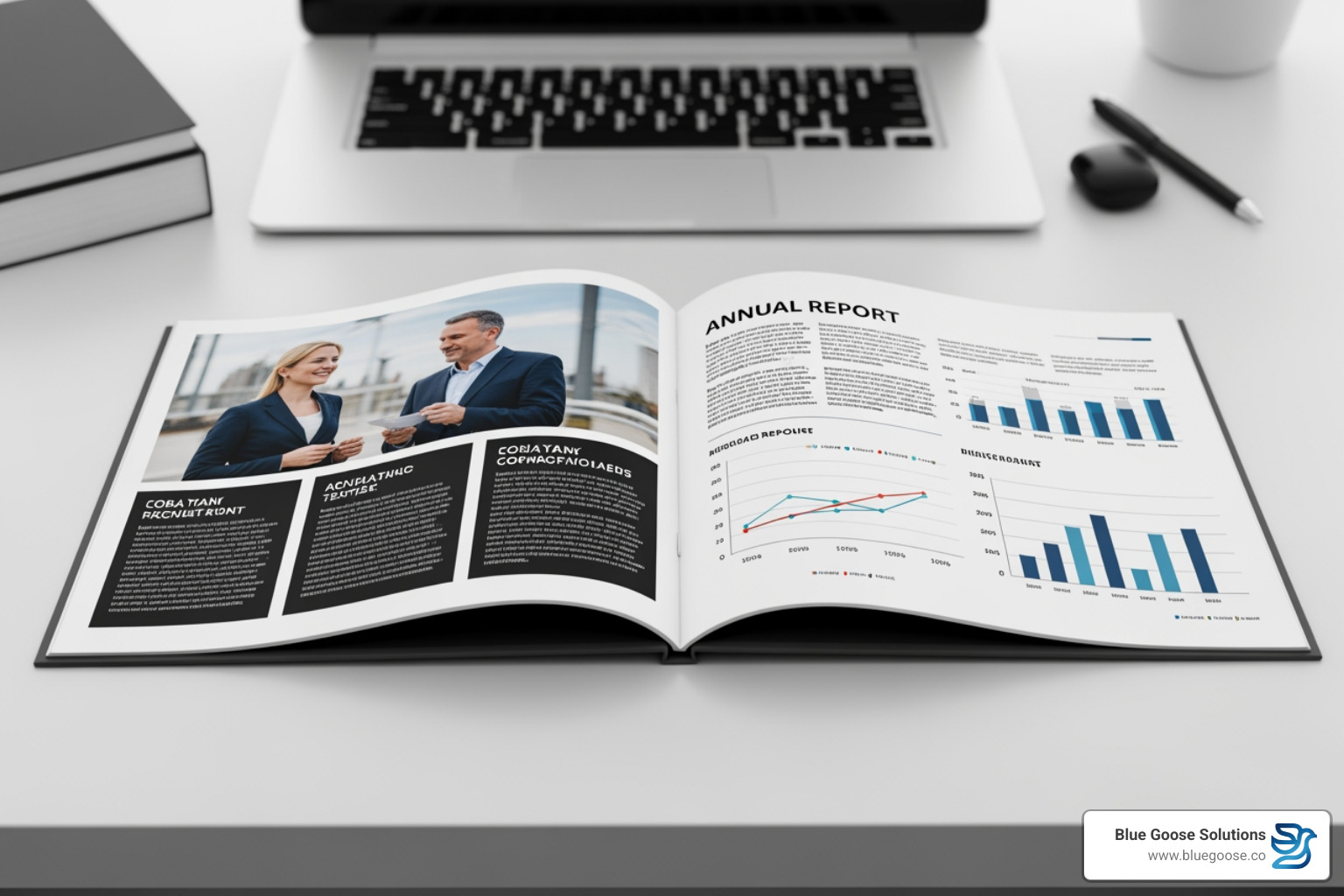 A sleek corporate annual report layout demonstrating a balance of professional imagery, clear data visualizations, and strategic text placement - Annual report design