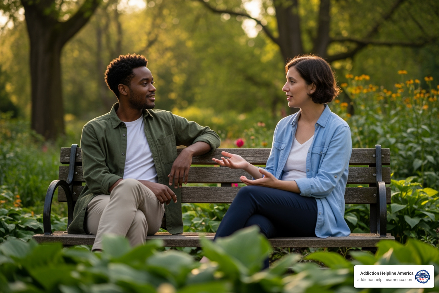 Two people having a supportive conversation in a park, symbolizing peer support and community - Outpatient Addiction Treatment Los Angeles Two people having a supportive conversation in a park, symbolizing peer support and community - Outpatient Addiction Treatment Los Angeles
