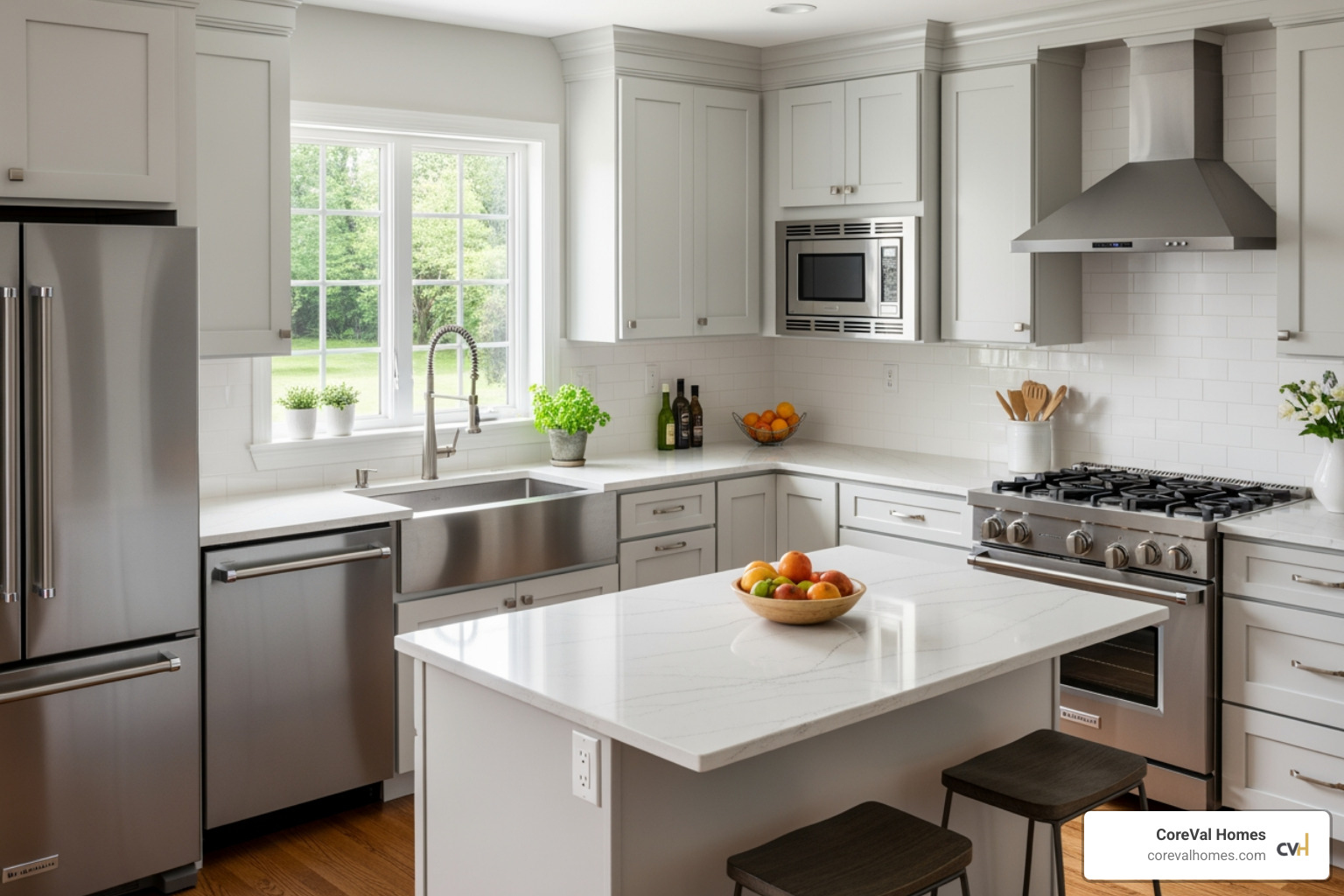 kitchen with mid-range finishes like quartz countertops and semi-custom cabinets - condo kitchen renovation Vancouver