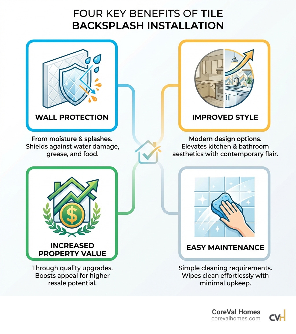 Infographic showing 4 key benefits of tile backsplash installation: Wall Protection from moisture and splashes, Improved Kitchen & Bathroom Style with modern design options, Increased Property Value through quality upgrades, and Easy Maintenance with simple cleaning requirements - tile backsplash installation Vancouver infographic Infographic showing 4 key benefits of tile backsplash installation: Wall Protection from moisture and splashes, Improved Kitchen & Bathroom Style with modern design options, Increased Property Value through quality upgrades, and Easy Maintenance with simple cleaning requirements - tile backsplash installation Vancouver infographic