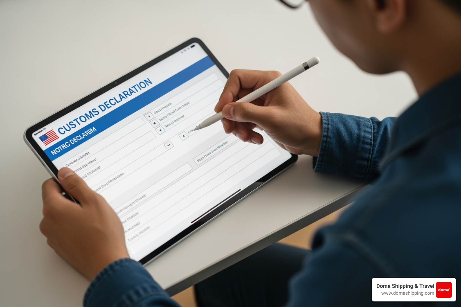 person filling out a customs form on a tablet - Overseas package delivery