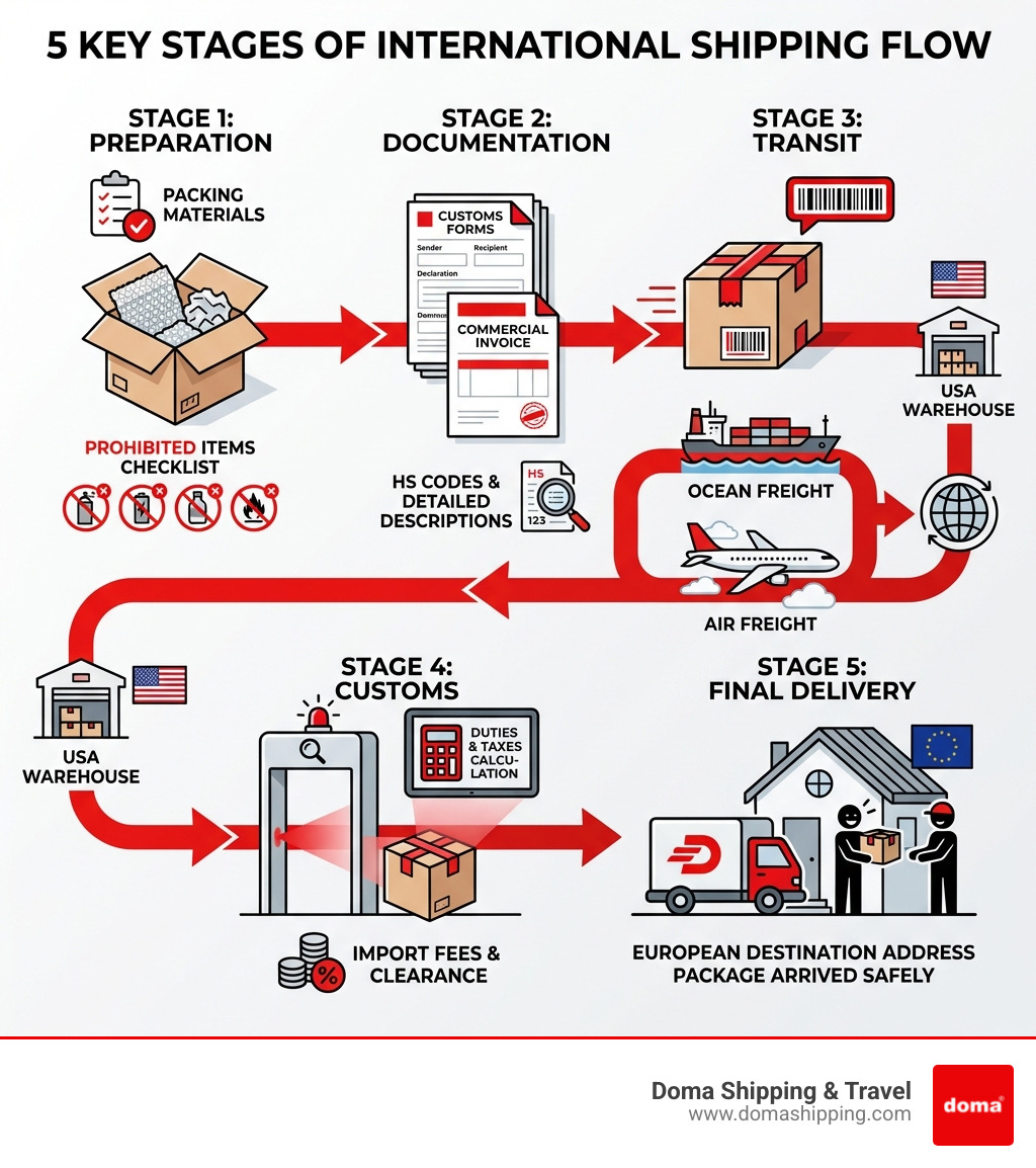 infographic showing the 5 key stages of international shipping in a horizontal flow: Stage 1 - Preparation (box with packing materials and prohibited items checklist), Stage 2 - Documentation (customs forms and commercial invoice with HS codes), Stage 3 - Transit (package moving from USA warehouse through ocean or air freight route), Stage 4 - Customs (inspection checkpoint with duties and taxes calculation), Stage 5 - Final Delivery (package arriving at European destination address) - Overseas package delivery infographic 