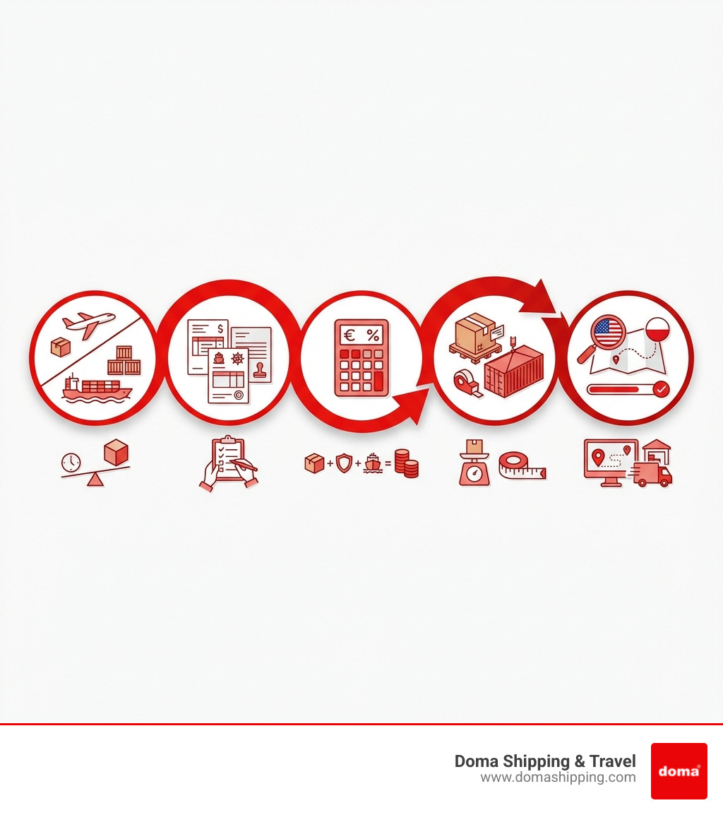 infographic explaining the 5 key steps of international shipping from USA to Poland: 1. Select shipping method based on urgency and volume, 2. Gather required customs documentation including commercial invoice and bill of lading, 3. Calculate duties and taxes using CIF value, 4. Package goods according to carrier standards and weight limits, 5. Track shipment through customs clearance to final delivery in Poland - freight to Poland infographic 