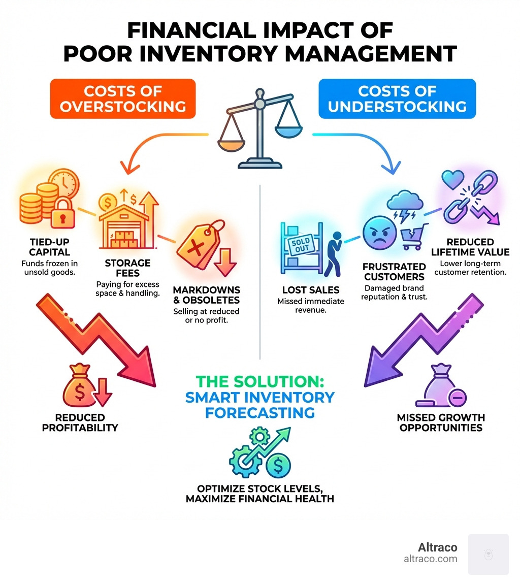 infographic showing the financial impact of poor inventory management including costs of overstocking such as tied up capital storage fees and markdowns versus costs of understocking such as lost sales frustrated customers and reduced lifetime value - best inventory forecasting software infographic infographic showing the financial impact of poor inventory management including costs of overstocking such as tied up capital storage fees and markdowns versus costs of understocking such as lost sales frustrated customers and reduced lifetime value - best inventory forecasting software infographic