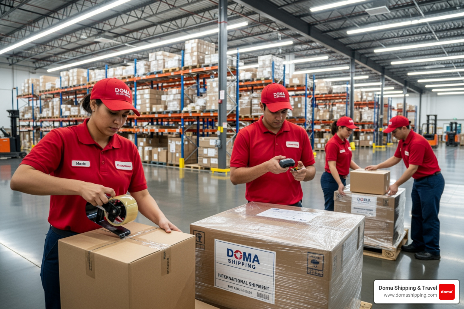 Workers wearing red Doma Shipping uniforms carefully handling boxes for international shipment at a Chicago-area warehouse, ensuring secure packaging. - sending package to europe from usa Workers wearing red Doma Shipping uniforms carefully handling boxes for international shipment at a Chicago-area warehouse, ensuring secure packaging. - sending package to europe from usa