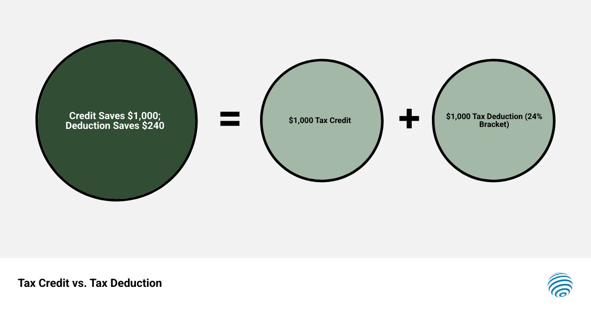 infographic comparing tax credit vs tax deduction showing $1000 credit saves $1000 while $1000 deduction in 24% bracket saves $240 - Small business tax credit infographic sum_of_parts