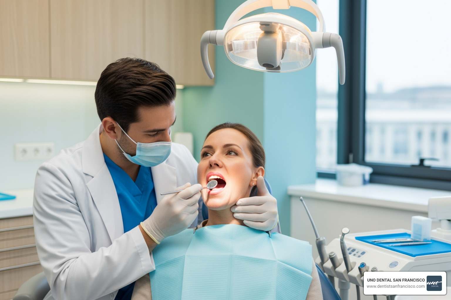 dentist performing oral cancer screening - dental care for adults dentist performing oral cancer screening - dental care for adults