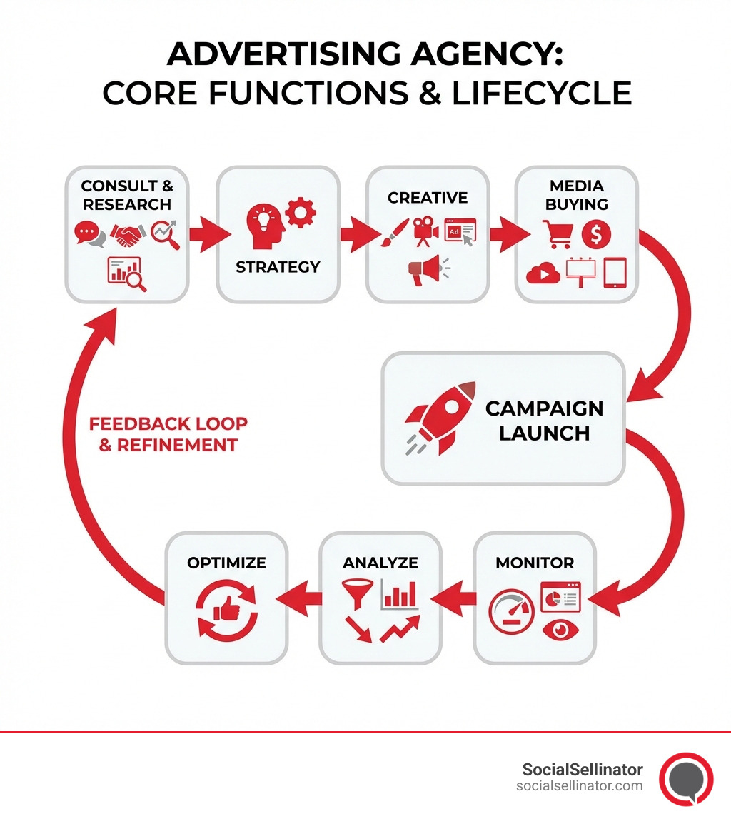 infographic showing the core functions of an advertising agency from initial client consultation and market research through strategy development, creative production, media buying, campaign launch, performance monitoring, data analysis, and ongoing optimization with feedback loops - advertising agencies infographic 
