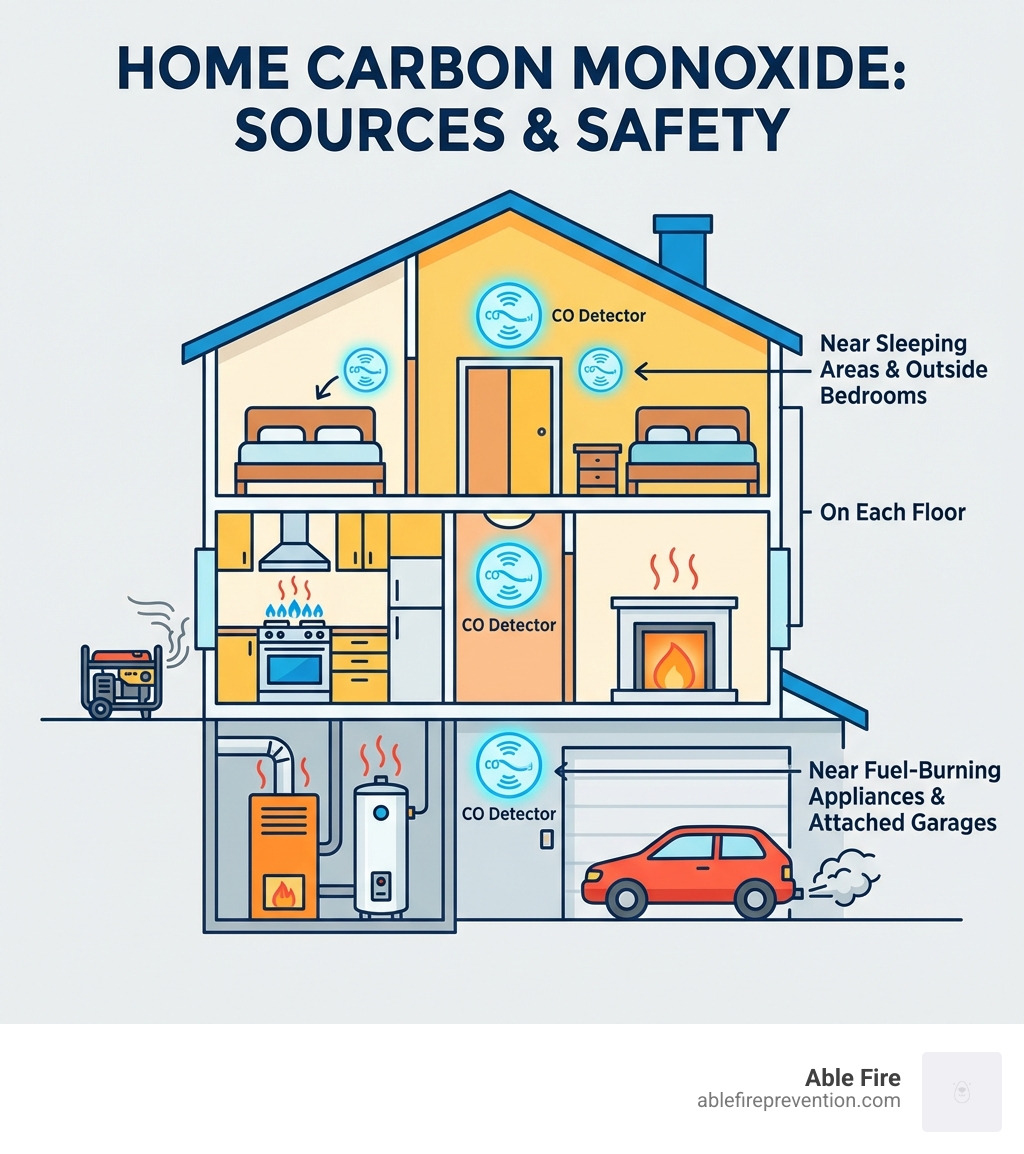 infographic showing common sources of carbon monoxide in homes including furnaces, water heaters, gas stoves, fireplaces, generators, and cars in attached garages, with detector placement recommendations on each floor and near sleeping areas - carbon monoxide detectors for home infographic 