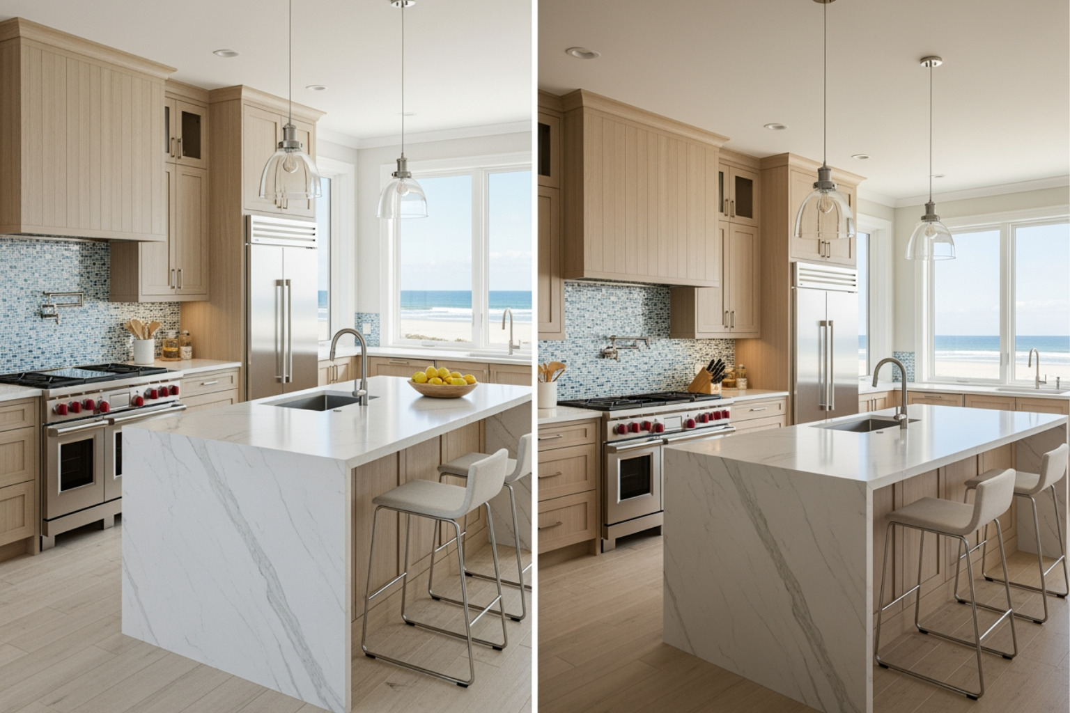 3D model of a kitchen next to the final built custom kitchen - 3d design