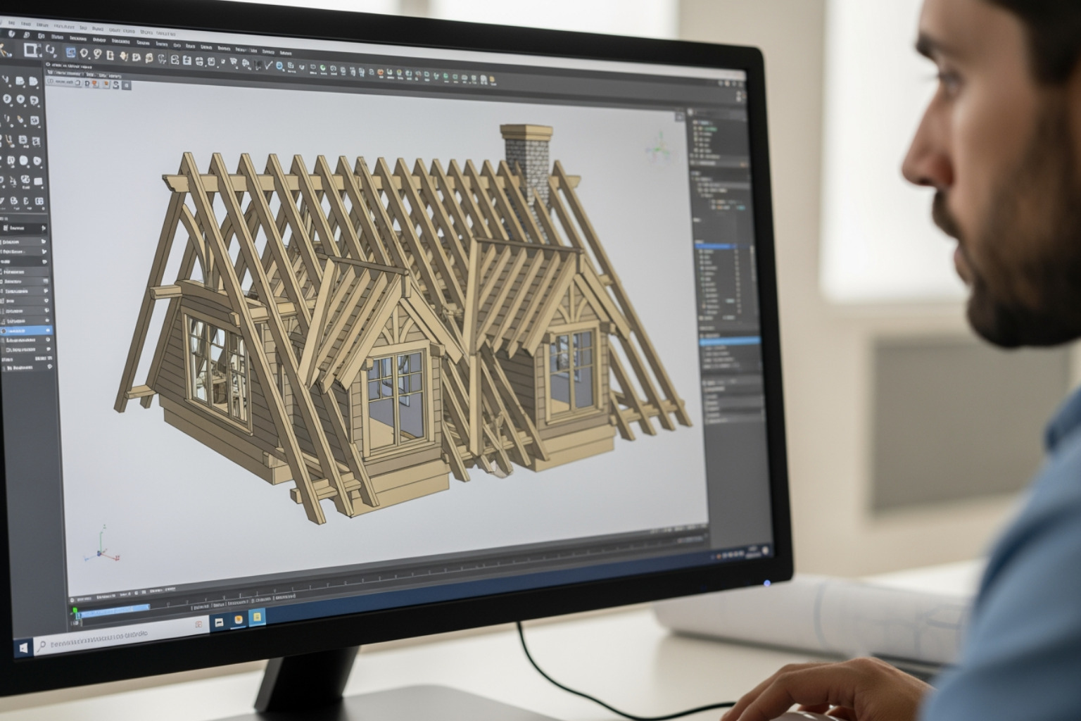 designer using CAD software to model a complex roof structure - 3d design