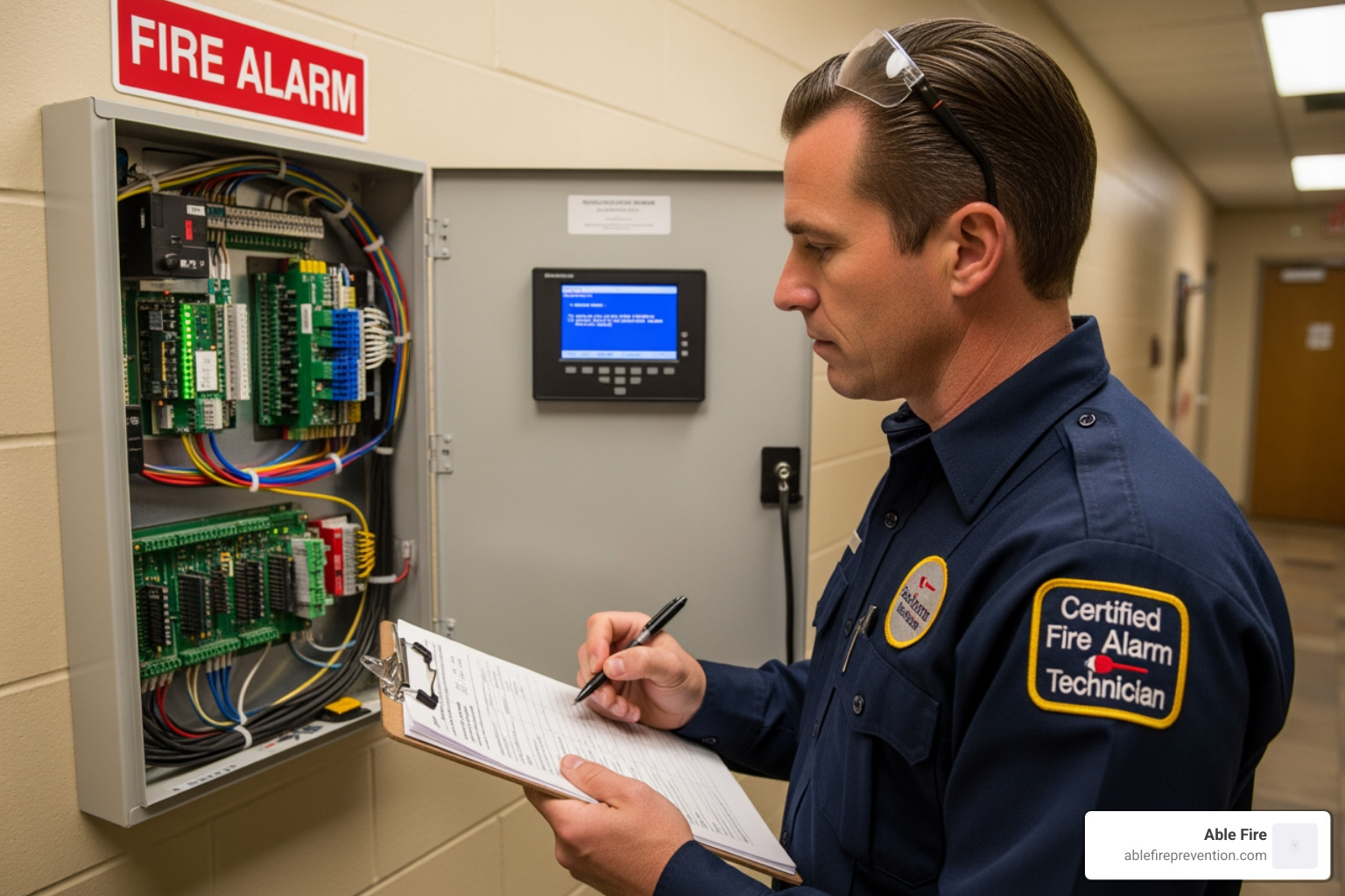 A certified technician in uniform inspecting a fire alarm panel with a clipboard - monitored fire alarm system A certified technician in uniform inspecting a fire alarm panel with a clipboard - monitored fire alarm system
