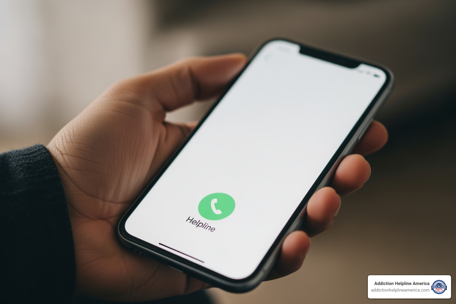 A person's hand holding a smartphone with a helpline number on the screen, symbolizing direct access to support - 24/7 Addiction Support Los Angeles