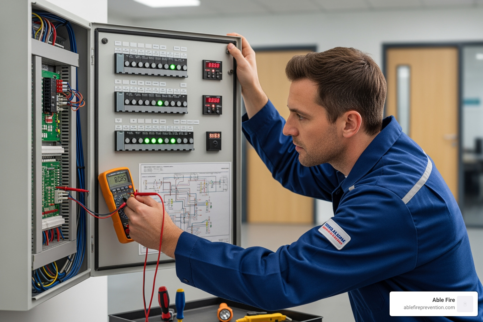 Technician inspecting a commercial fire alarm panel - fire alarm chirps