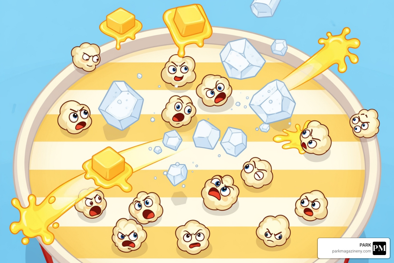 gameplay arena showing multiple kernels and projectiles - popcorn google doodle
