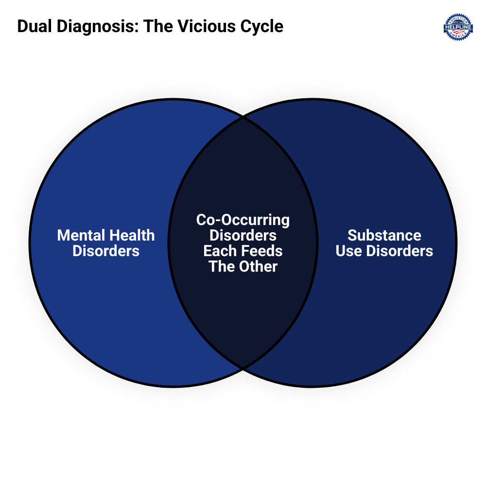 infographic showing the cyclical relationship between mental health disorders and substance use disorders, with arrows indicating how untreated mental illness can lead to self-medication with drugs or alcohol, which then worsens mental health symptoms, creating a repeating cycle, alongside statistics showing 9 million adults affected and only 8% receiving treatment for both conditions - Dual Diagnosis Treatment Los Angeles infographic venn_diagram