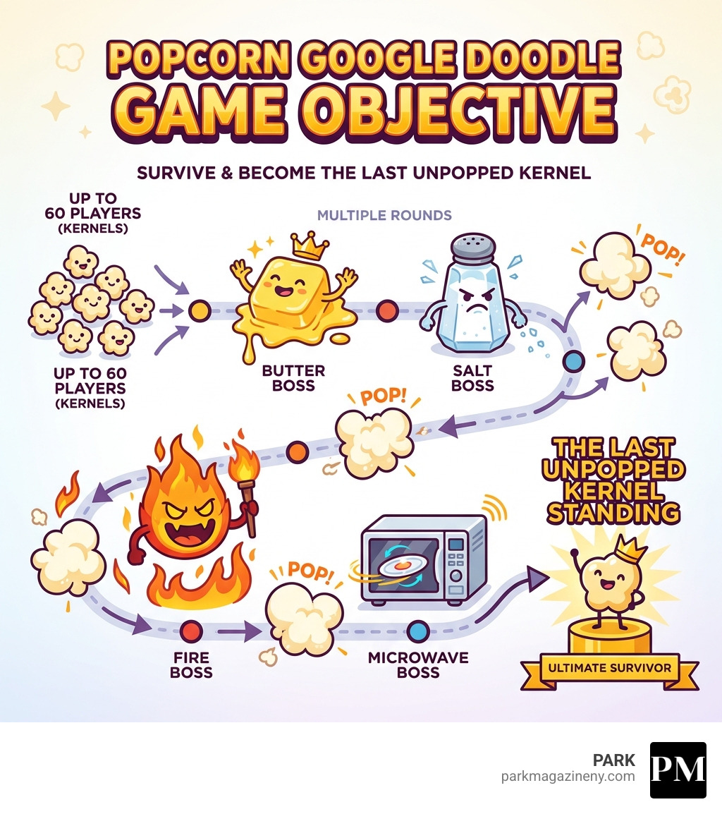 infographic showing the popcorn google doodle game objective: survive against up to 60 players and four environmental bosses (Butter, Salt, Fire, and Microwave) across multiple rounds to become the last unpopped kernel standing - popcorn google doodle infographic 