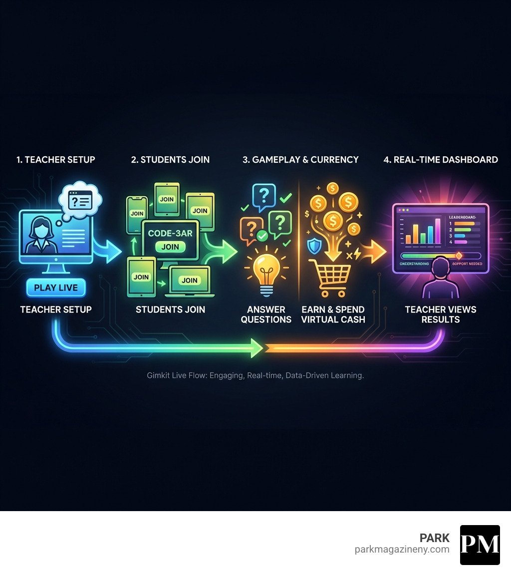 infographic showing the flow from teacher creating a kit and clicking play live, to students joining with a code on their devices, to gameplay with questions and virtual currency, to teacher viewing real-time results dashboard - gimkit live infographic 