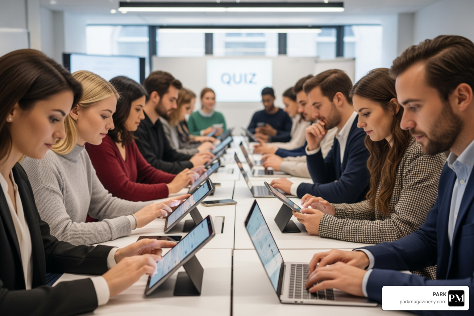 diverse group of students and professionals engaging with a quiz on various devices -  joinmyquiz