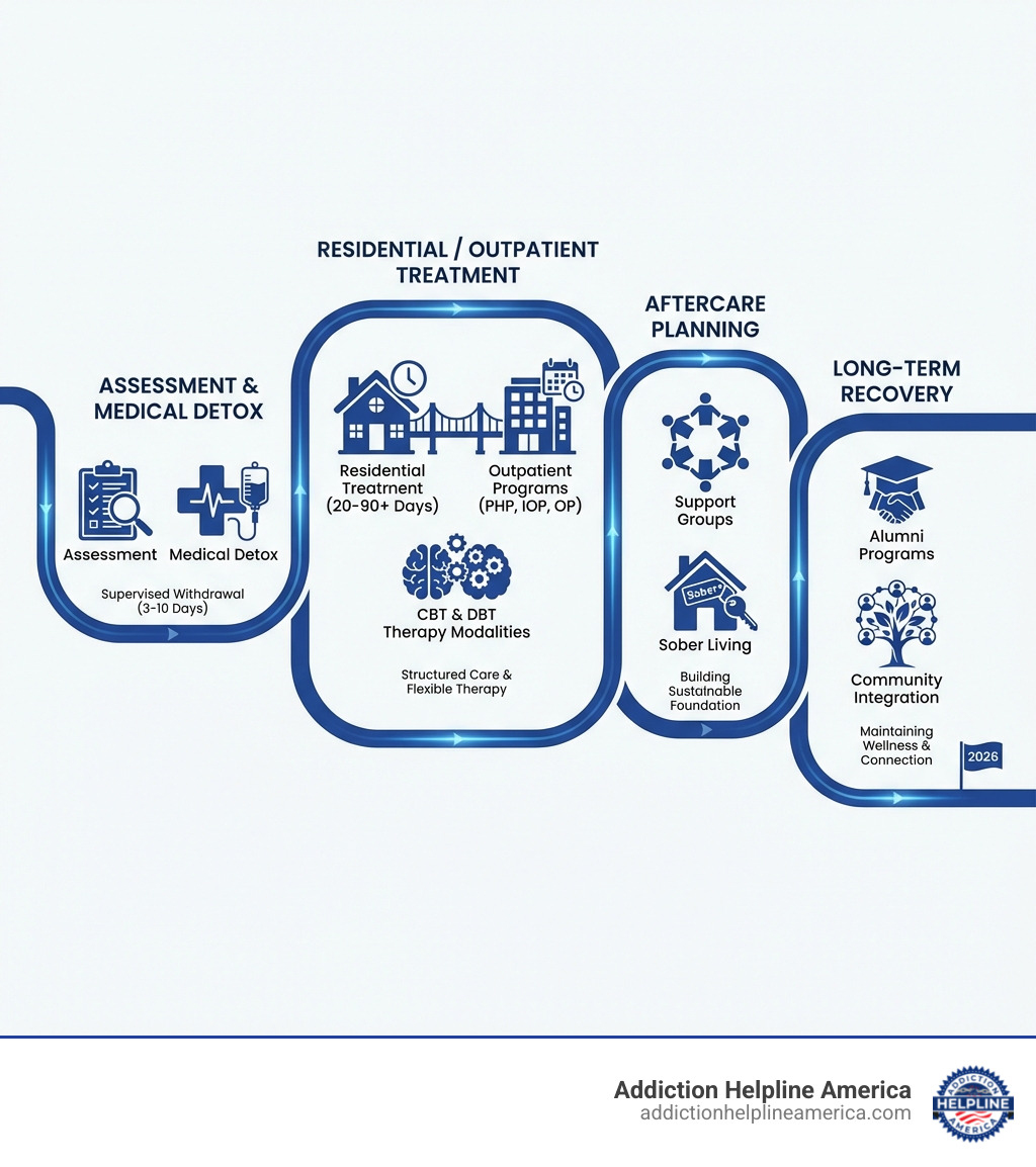 Infographic showing the continuum of care in addiction treatment, starting with assessment and medical detox, progressing through residential or outpatient treatment with various therapy modalities like CBT and DBT, continuing to aftercare planning with support groups and sober living, and maintaining long-term recovery through alumni programs and community integration - Drug Rehab Programs Los Angeles infographic 