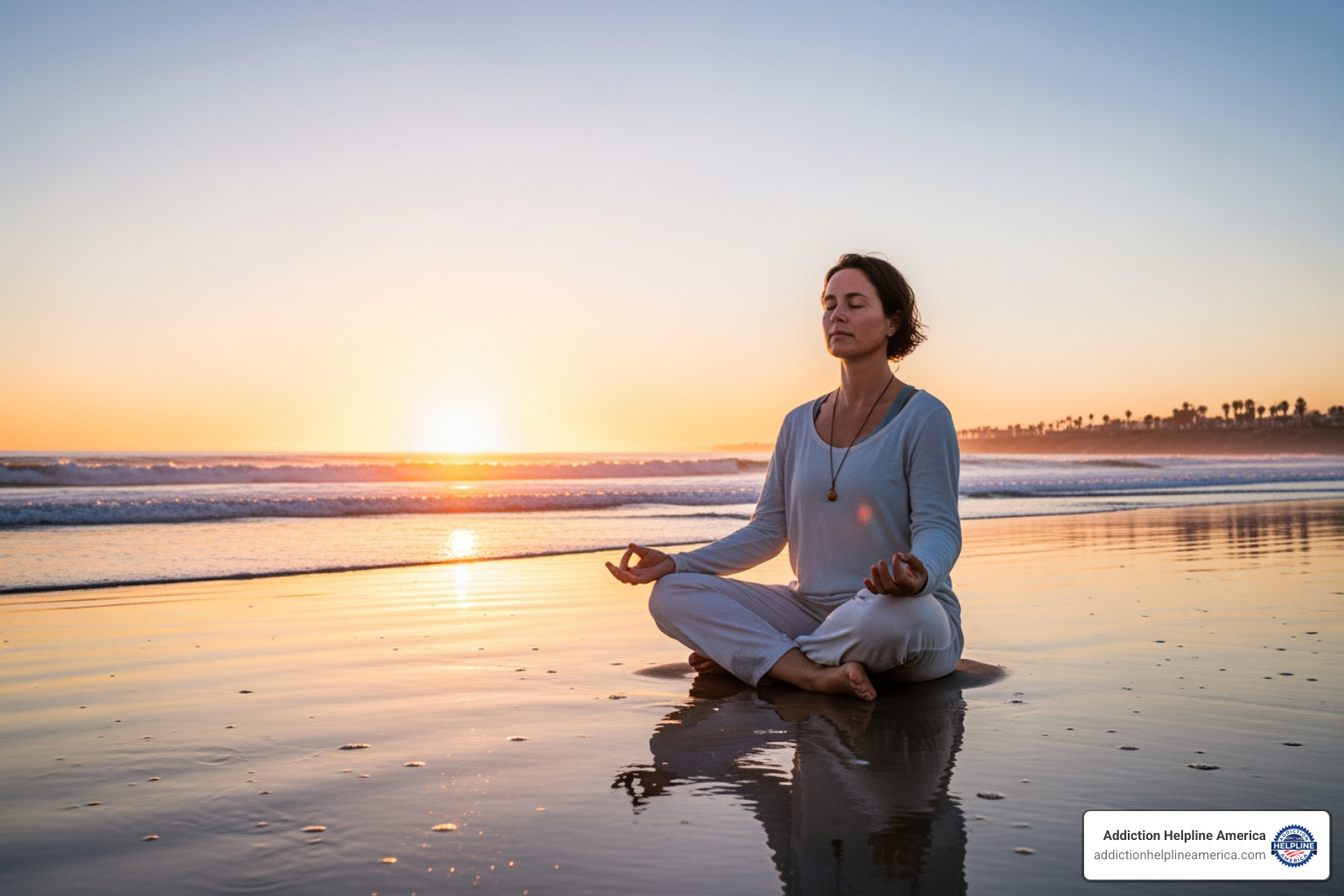 A person meditating on a Los Angeles beach at sunrise, symbolizing recovery and freedom. - Outpatient Rehabilitation Services