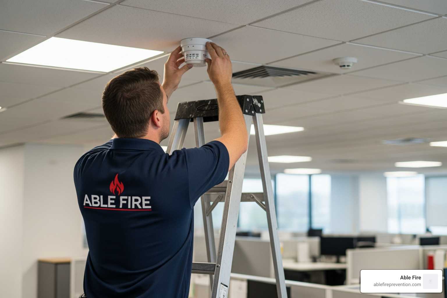 An Able Fire technician installing a smoke and CO detector in a commercial building - smoke detector co monitor An Able Fire technician installing a smoke and CO detector in a commercial building - smoke detector co monitor